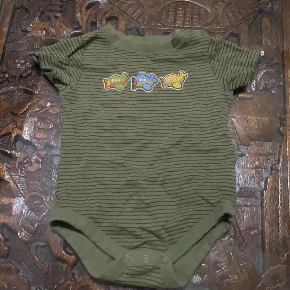 Green striped airplane short sleeve onesie